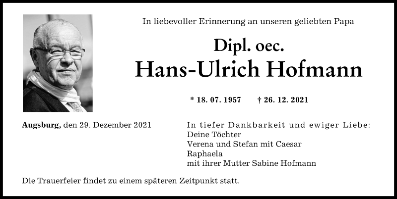 Traueranzeige von Hans-Ulrich Hofmann von Augsburger Allgemeine