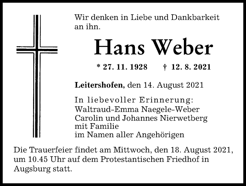 Traueranzeige von Hans Weber von Augsburger Allgemeine