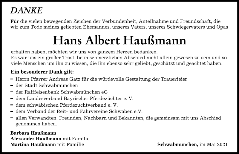 Traueranzeige von Hans Albert Haußmann von Augsburger Allgemeine