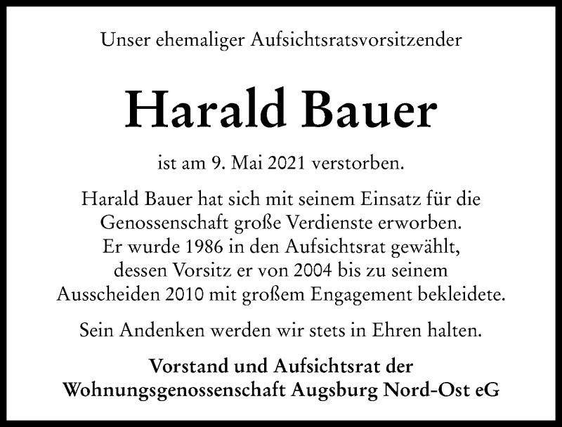 Traueranzeige von Harald Bauer von Augsburger Allgemeine