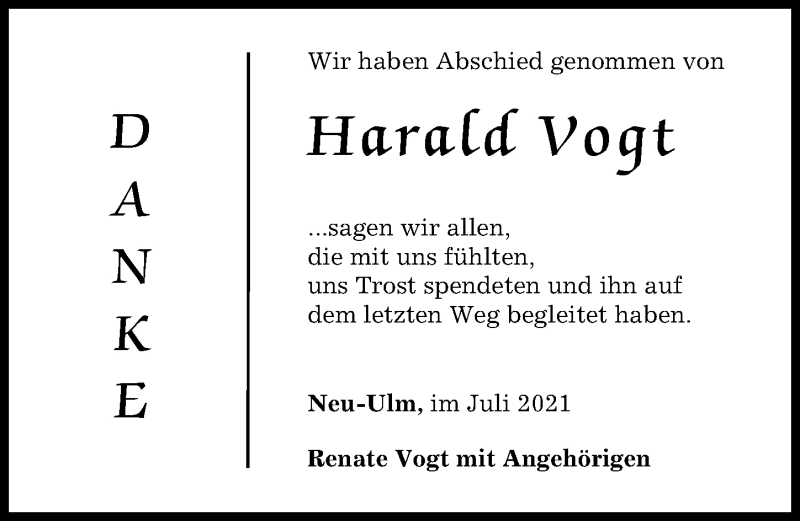 Traueranzeige von Harald Vogt von Neu-Ulmer Zeitung