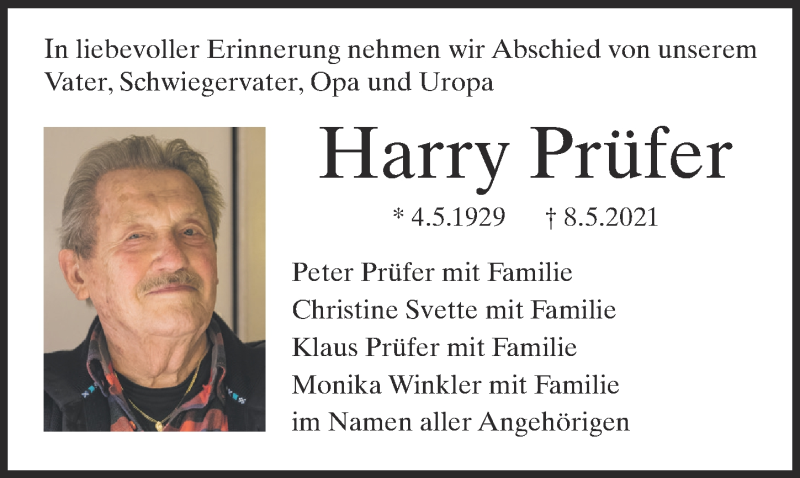 Traueranzeige von Harry Prüfer von Augsburger Allgemeine