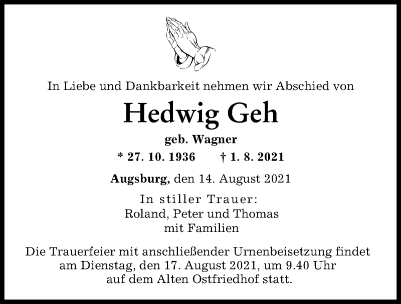 Traueranzeige von Hedwig Geh von Augsburger Allgemeine