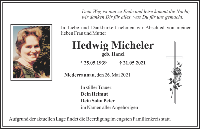 Traueranzeige von Hedwig Micheler von Mittelschwäbische Nachrichten