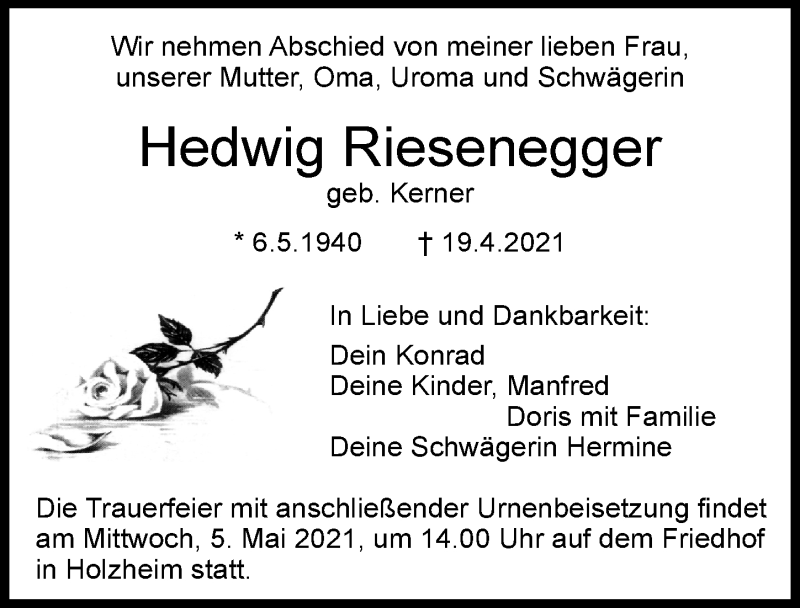Traueranzeige von Hedwig Riesenegger von Neu-Ulmer Zeitung