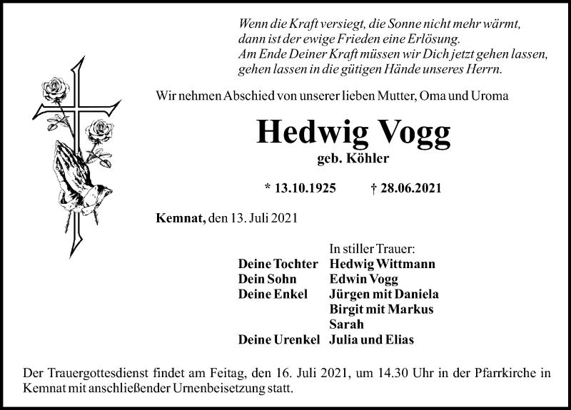 Traueranzeige von Hedwig Vogg von Günzburger Zeitung