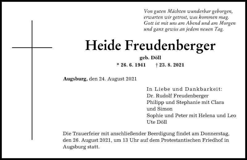 Traueranzeige von Heide Freudenberger von Augsburger Allgemeine