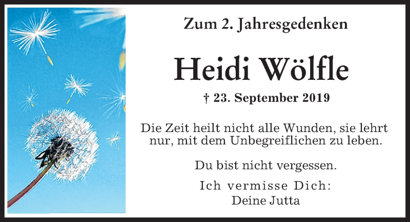  Traueranzeige für Heidi Wölfle vom 23.09.2021 aus Augsburger Allgemeine