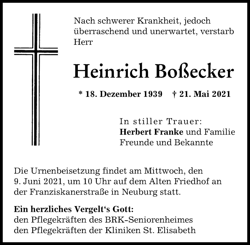 Traueranzeige von Heinrich Boßecker von Neuburger Rundschau