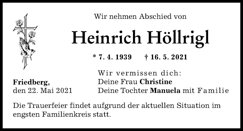Traueranzeige von Heinrich Höllrigl von Friedberger Allgemeine