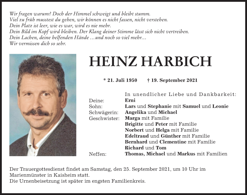  Traueranzeige für Heinz Harbich vom 22.09.2021 aus Donauwörther Zeitung
