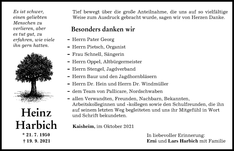  Traueranzeige für Heinz Harbich vom 07.10.2021 aus Donauwörther Zeitung