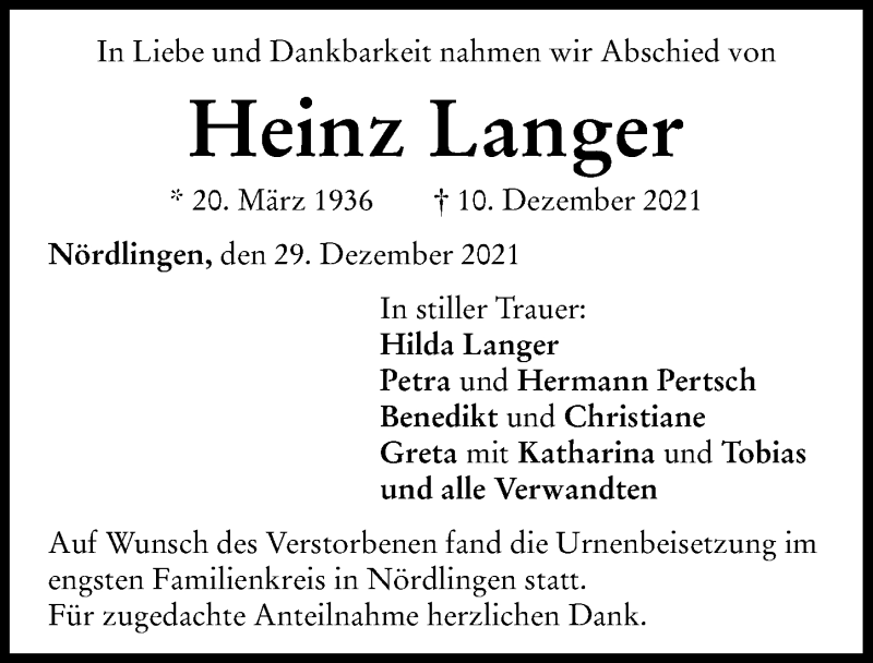 Traueranzeige von Heinz Langer von Rieser Nachrichten