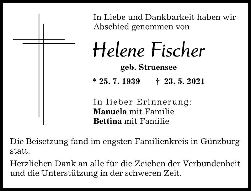 Traueranzeige von Helene Fischer von Günzburger Zeitung