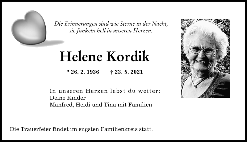 Traueranzeige von Helene Kordik von Augsburger Allgemeine