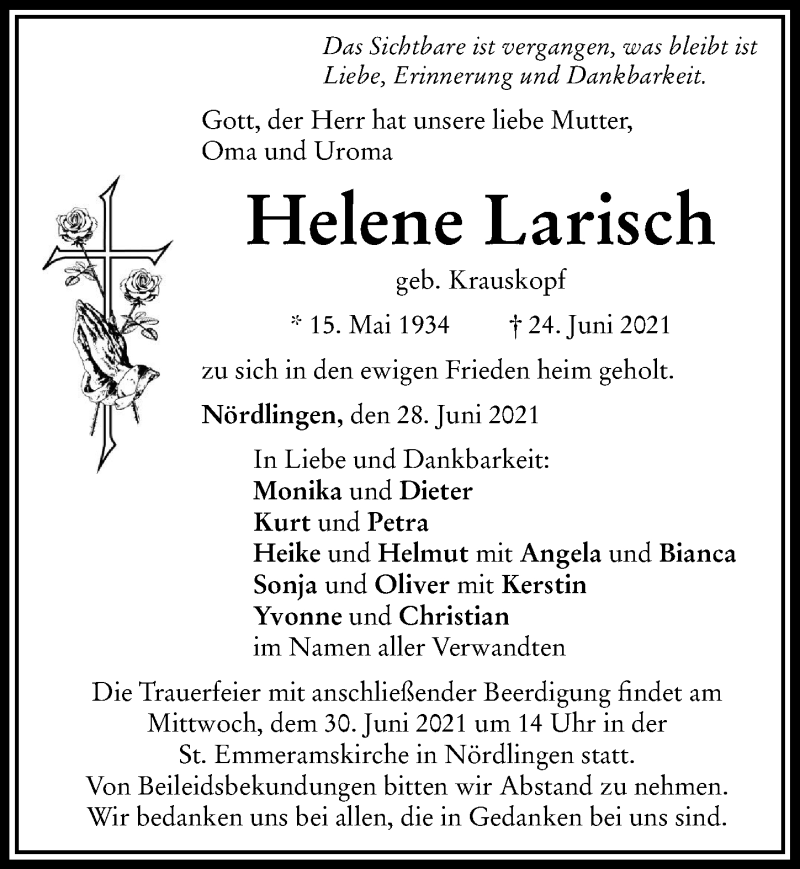 Traueranzeige von Helene Larisch von Rieser Nachrichten