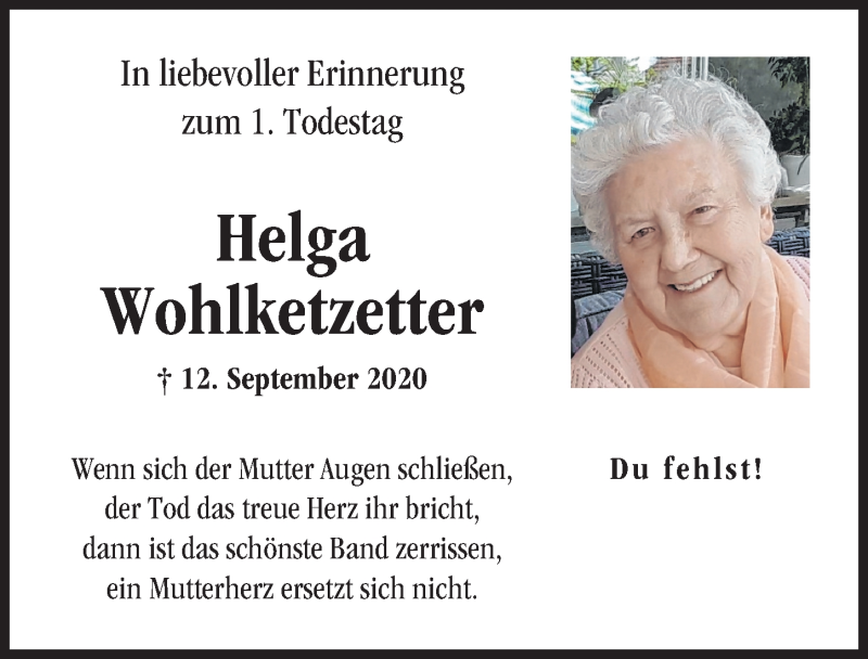 Traueranzeige von Helga Wohlketzetter von Illertisser Zeitung