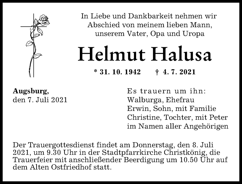 Traueranzeige von Helmut Halusa von Augsburger Allgemeine