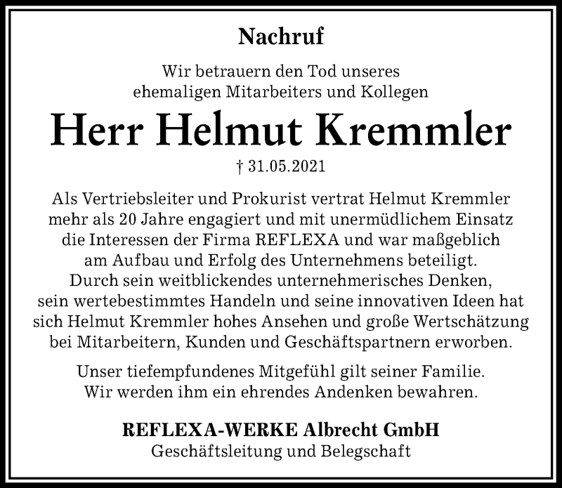 Traueranzeige von Helmut Kremmler von Günzburger Zeitung