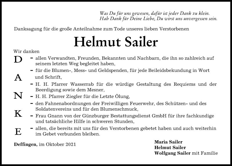 Traueranzeige von Helmut Sailer von Günzburger Zeitung