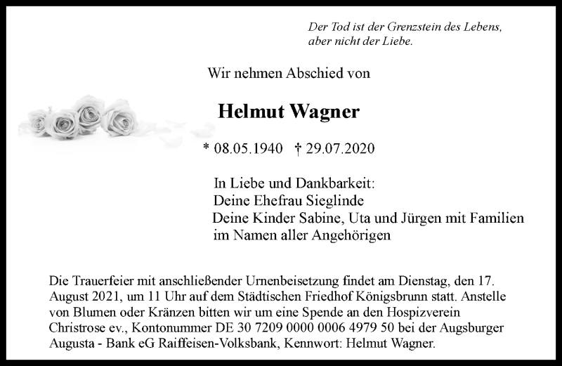 Traueranzeige von Helmut Wagner von Augsburger Allgemeine
