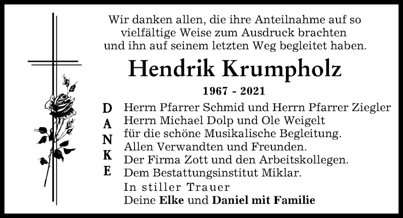 Traueranzeige von Hendrik Krumpholz von Mittelschwäbische Nachrichten, Günzburger Zeitung