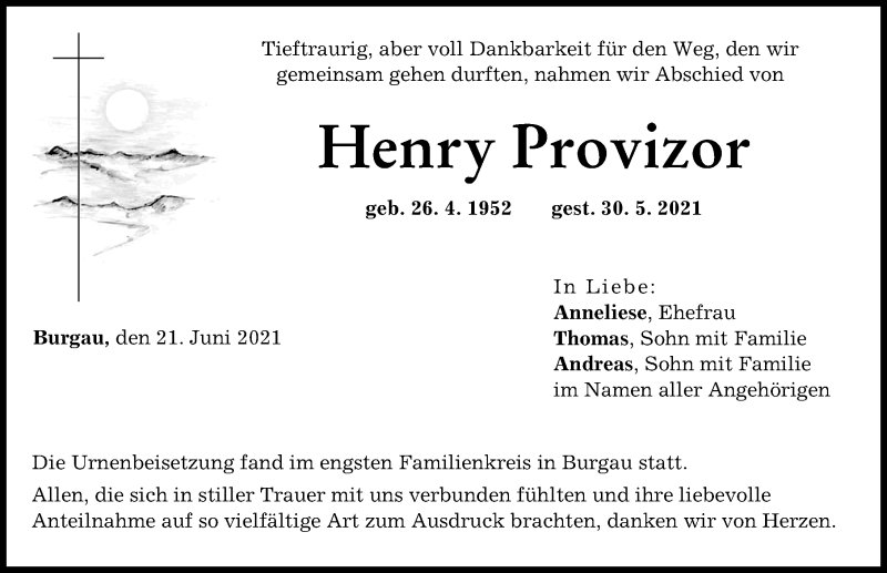 Traueranzeige von Henry Provizor von Günzburger Zeitung