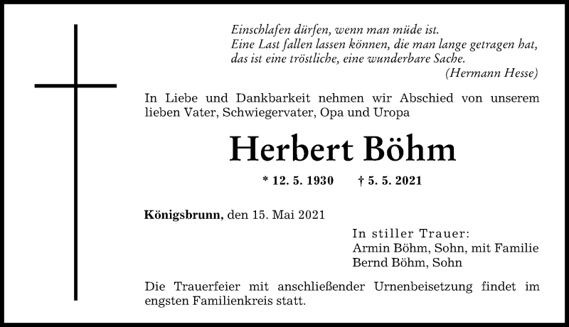 Traueranzeige von Herbert Böhm von Augsburger Allgemeine