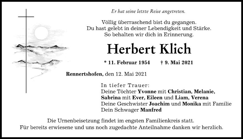 Traueranzeige von Herbert Klich von Neuburger Rundschau