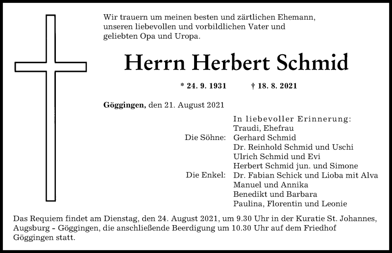 Traueranzeige von Herbert Schmid von Augsburger Allgemeine