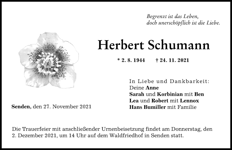  Traueranzeige für Herbert Schumann vom 27.11.2021 aus Neu-Ulmer Zeitung