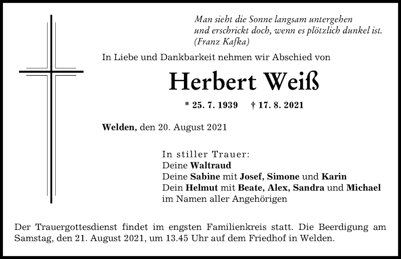 Traueranzeige von Herbert Weiß von Augsburger Allgemeine