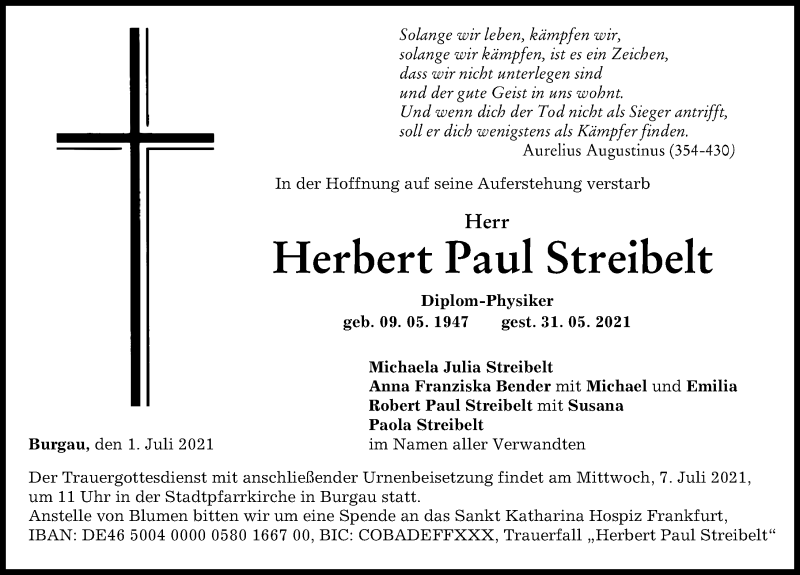 Traueranzeige von Herbert Paul Streibelt von Günzburger Zeitung