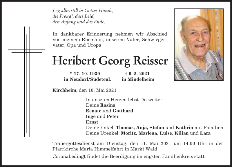 Traueranzeige von Heribert Georg Reisser von Mindelheimer Zeitung