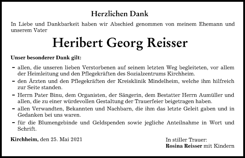 Traueranzeige von Heribert Georg Reisser von Mindelheimer Zeitung