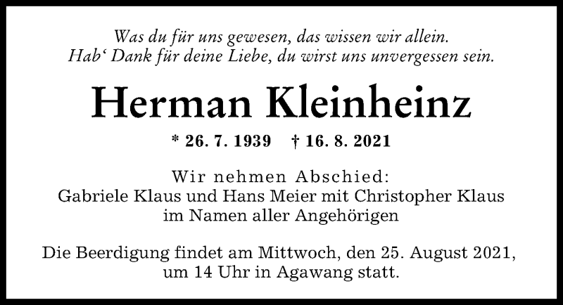 Traueranzeige von Herman Kleinheinz von Augsburger Allgemeine