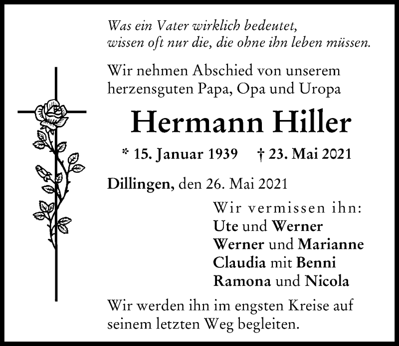 Traueranzeige von Hermann Hiller von Donau Zeitung