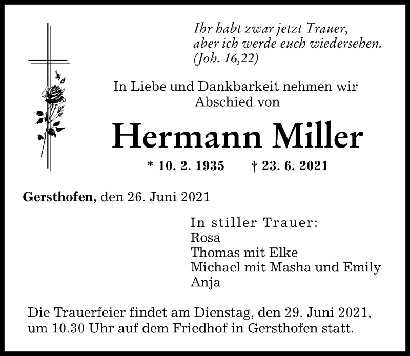  Traueranzeige für Hermann Miller vom 26.06.2021 aus Augsburger Allgemeine