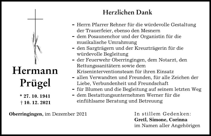  Traueranzeige für Hermann Prügel vom 21.12.2021 aus Rieser Nachrichten