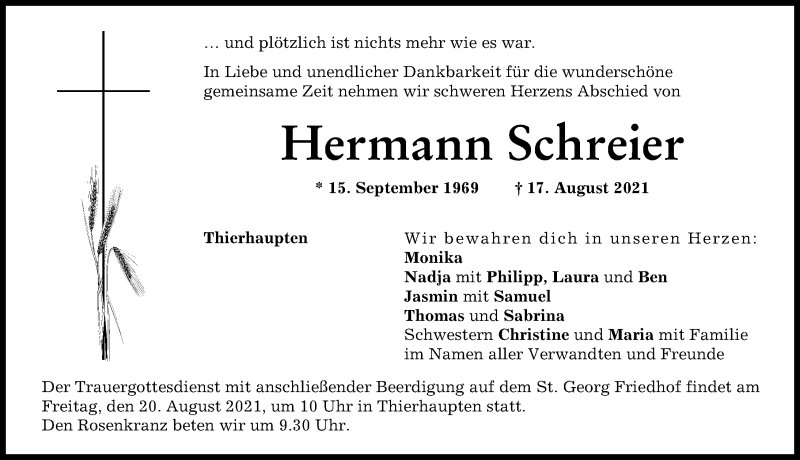 Traueranzeige von Hermann Schreier von Augsburger Allgemeine