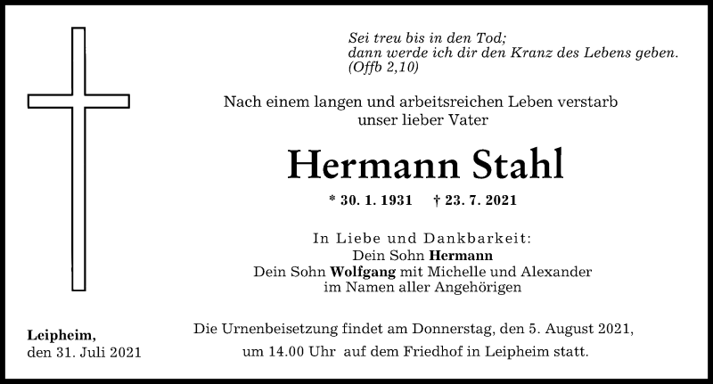 Traueranzeige von Hermann Stahl von Günzburger Zeitung