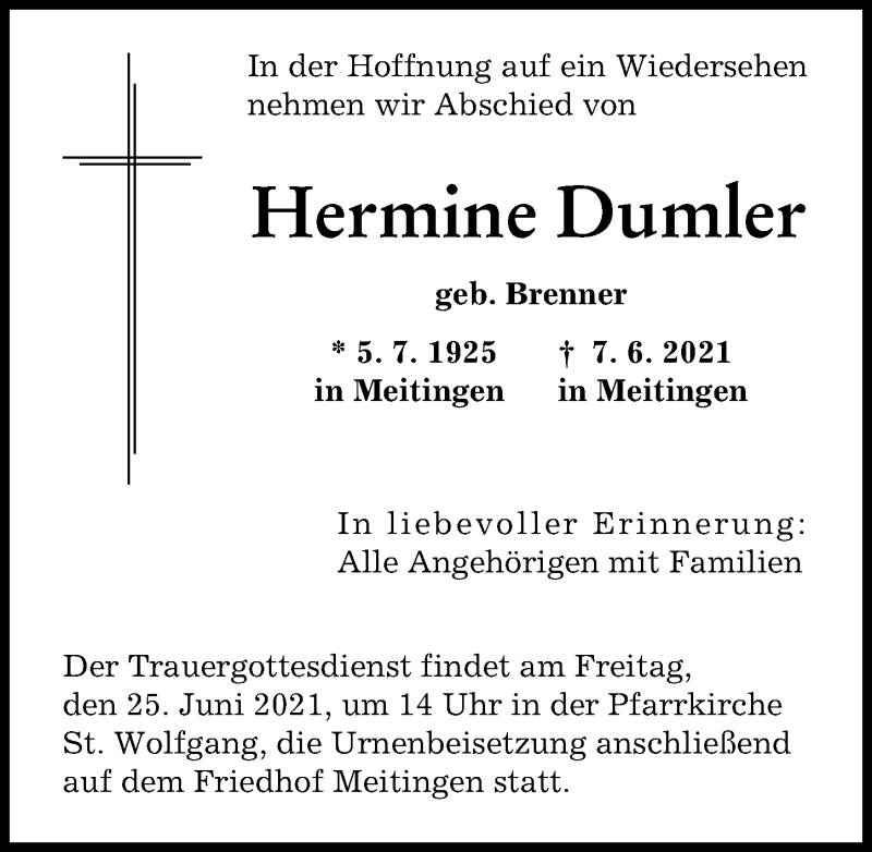 Traueranzeige von Hermine Dumler von Augsburger Allgemeine