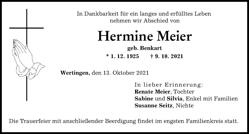 Traueranzeige von Hermine Meier von Wertinger Zeitung