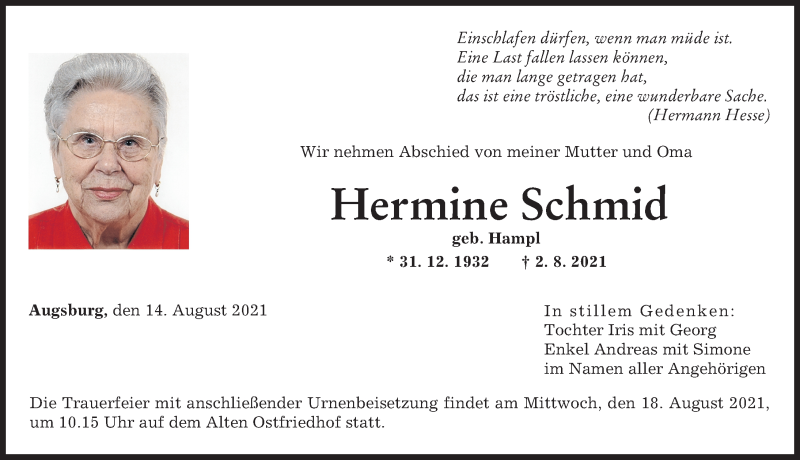 Traueranzeige von Hermine Schmid von Augsburger Allgemeine