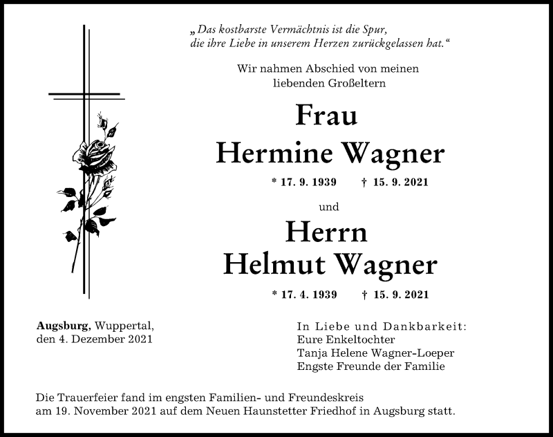 Traueranzeigen von Hermine Wagner | Augsburger Allgemeine Zeitung