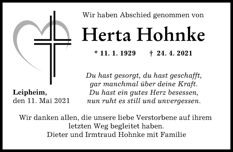 Traueranzeige von Herta Hohnke von Günzburger Zeitung