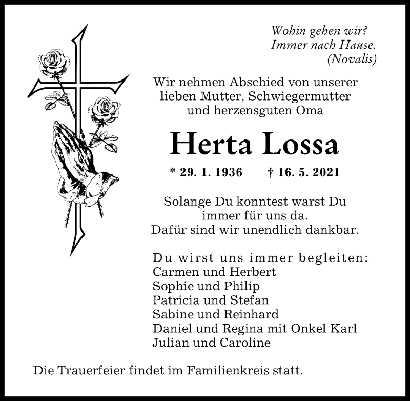 Traueranzeige von Herta Lossa von Augsburger Allgemeine