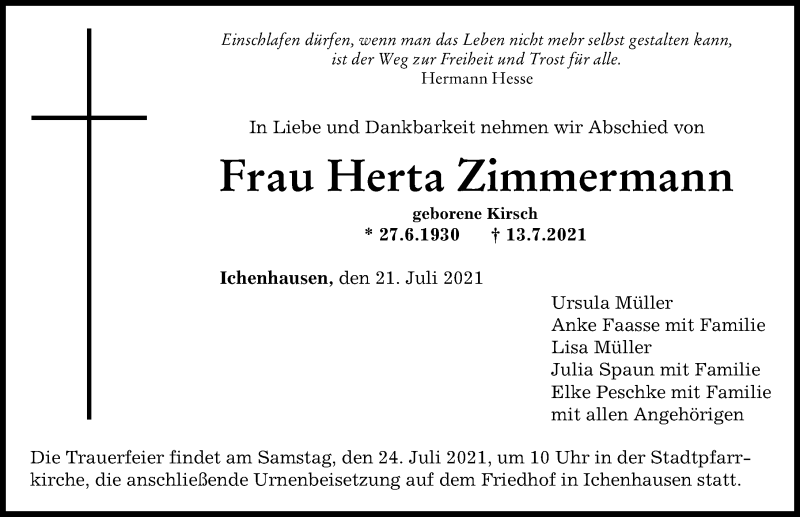 Traueranzeige von Herta Zimmermann von Günzburger Zeitung