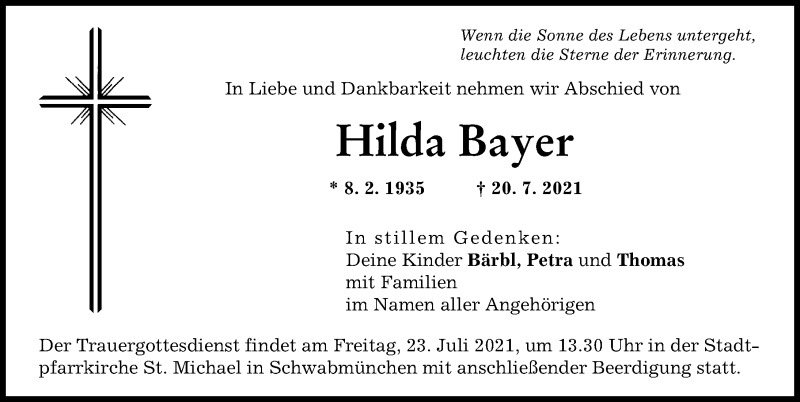 Traueranzeige von Hilda Bayer von Schwabmünchner Allgemeine