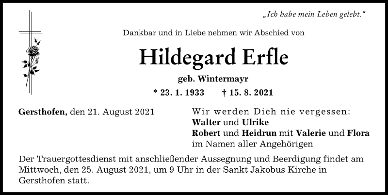 Traueranzeige von Hildegard Erfle von Augsburger Allgemeine